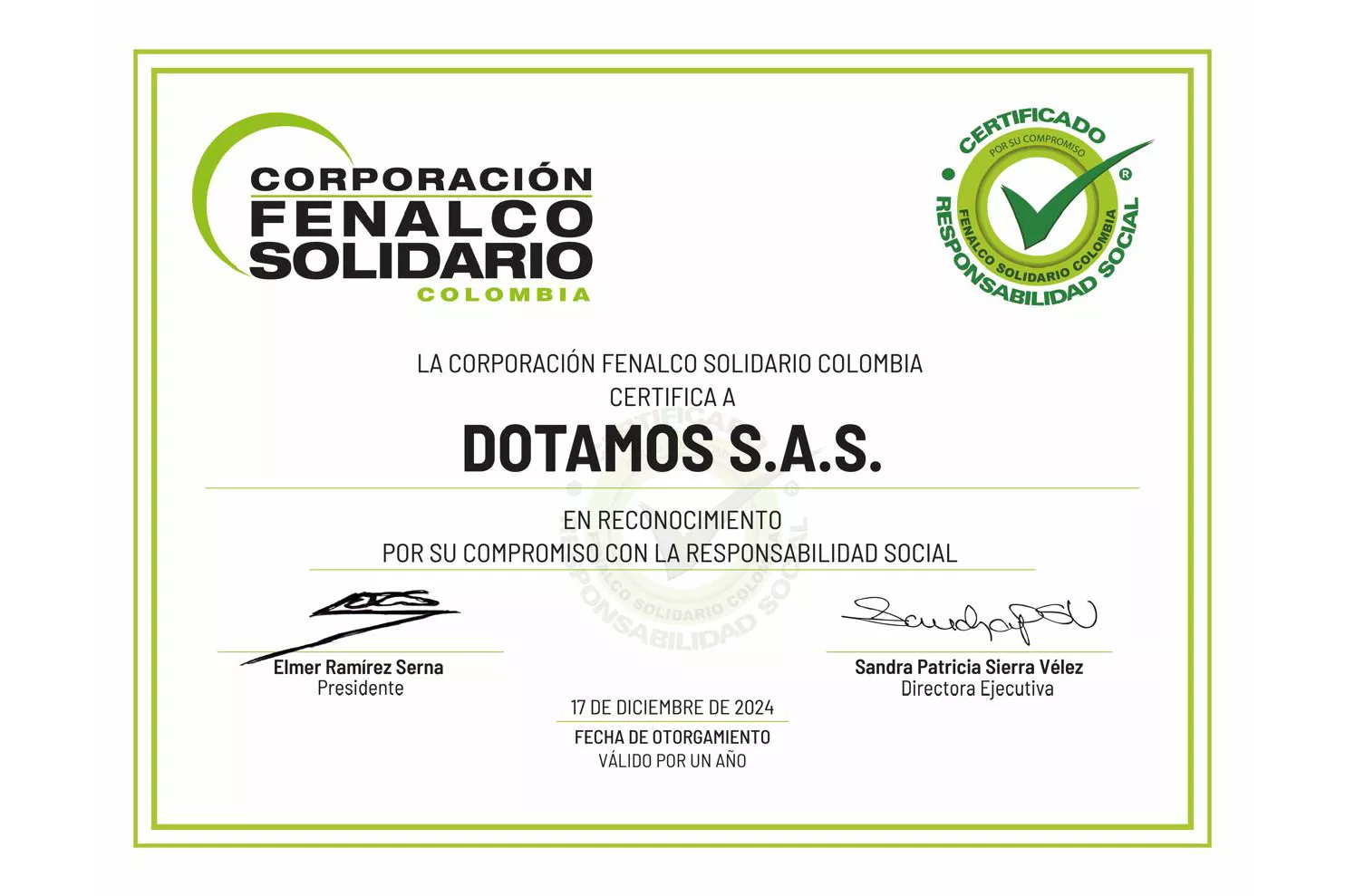 Certificado Fenalco Solidario